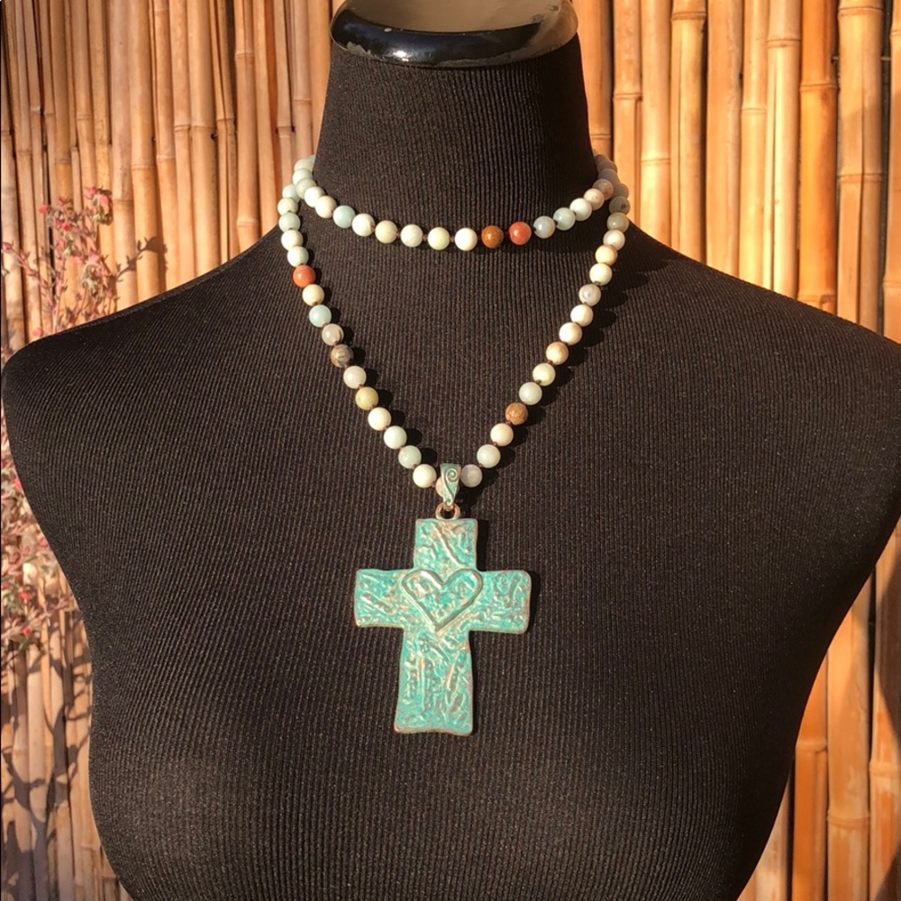 BRAND NEW Boho Blue/Green Amazonite Stone Cross Necklace - Picture 3 of 8